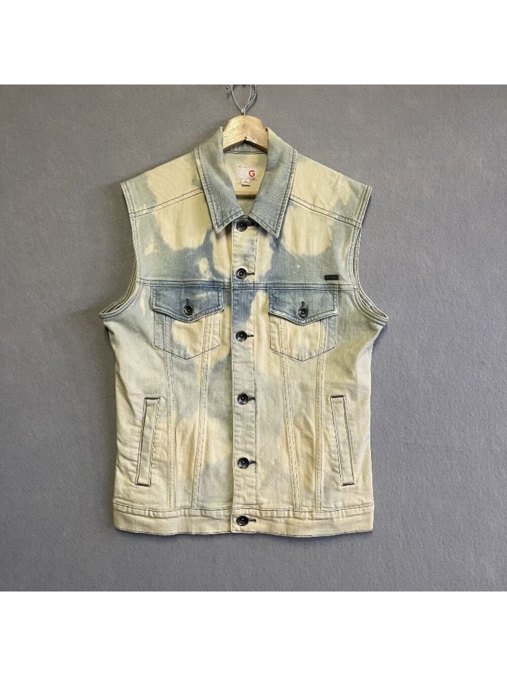 G By Guess Light Acid-Wash Denim Vest With Bleach Splatter Pattern  M